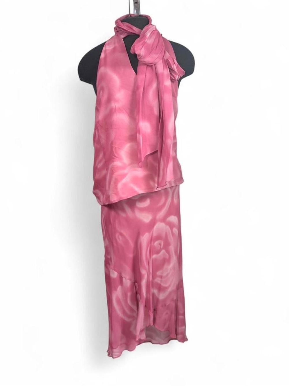 Vintage Y2K Express 100% Silk Pink Rose Halter Top Midi Skirt 2 Piece Set L - Picture 5 of 9